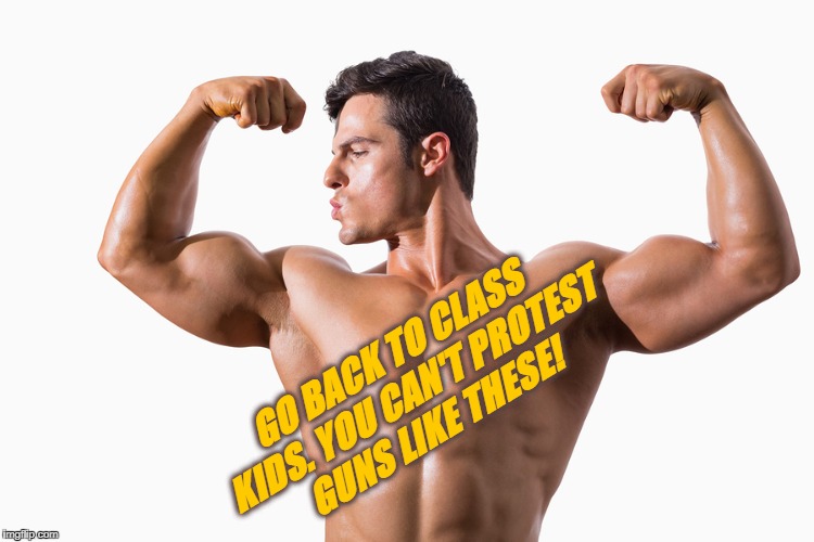 No controllin' DESE guns | GO BACK TO CLASS KIDS. YOU CAN'T PROTEST GUNS LIKE THESE! | image tagged in fit,swoll,right to bare arms | made w/ Imgflip meme maker