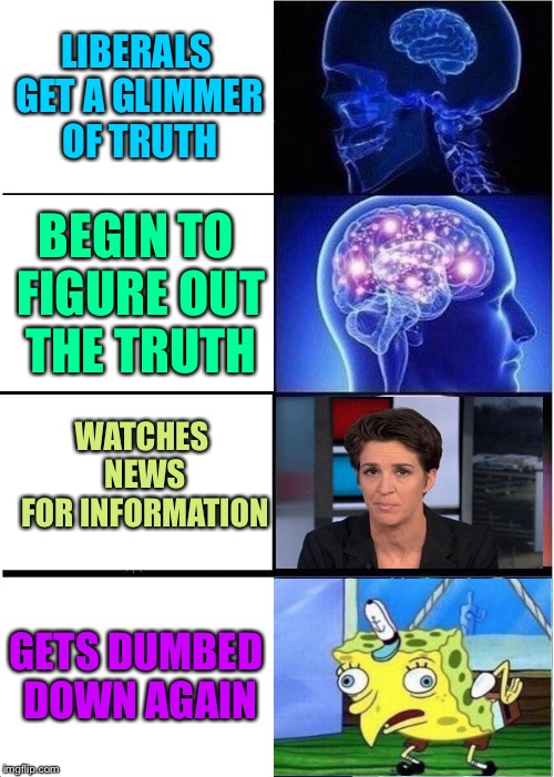Expanding Brain Meme | LIBERALS GET A GLIMMER OF TRUTH; BEGIN TO FIGURE OUT THE TRUTH; WATCHES NEWS FOR INFORMATION; GETS DUMBED DOWN AGAIN | image tagged in memes,expanding brain | made w/ Imgflip meme maker