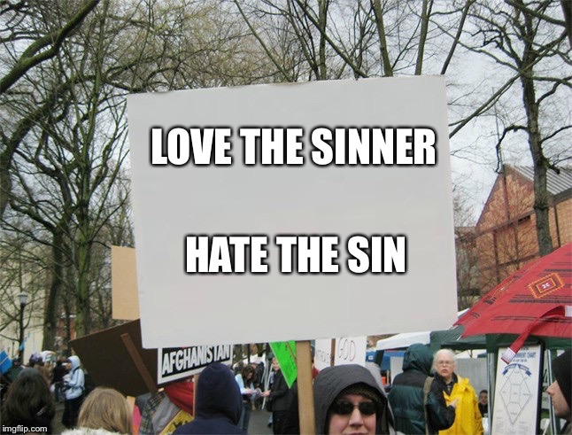 Love and hate  | LOVE THE SINNER; HATE THE SIN | image tagged in blank protest sign,sinner,love,meme,funny,latest | made w/ Imgflip meme maker