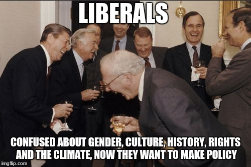 Laughing Men In Suits | LIBERALS; CONFUSED ABOUT GENDER, CULTURE, HISTORY, RIGHTS AND THE CLIMATE, NOW THEY WANT TO MAKE POLICY | image tagged in memes,laughing men in suits | made w/ Imgflip meme maker