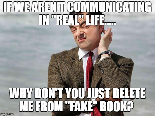 mr bean facebook like | IF WE AREN'T COMMUNICATING IN "REAL" LIFE..... WHY DON'T YOU JUST DELETE ME FROM "FAKE" BOOK? | image tagged in mr bean facebook like | made w/ Imgflip meme maker