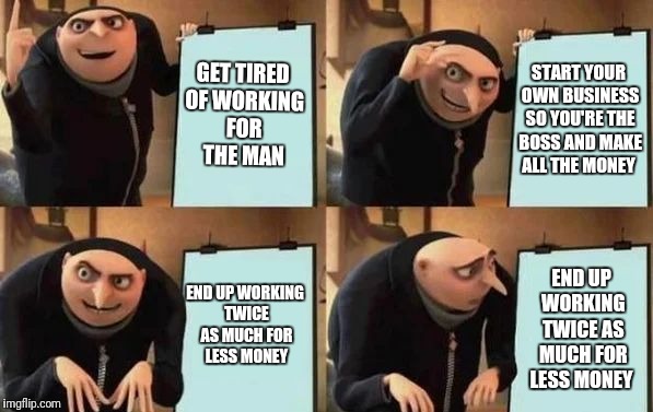 Gru's Plan Meme | GET TIRED OF WORKING FOR THE MAN; START YOUR OWN BUSINESS SO YOU'RE THE BOSS AND MAKE ALL THE MONEY; END UP WORKING TWICE AS MUCH FOR LESS MONEY; END UP WORKING TWICE AS MUCH FOR LESS MONEY | image tagged in gru's plan | made w/ Imgflip meme maker