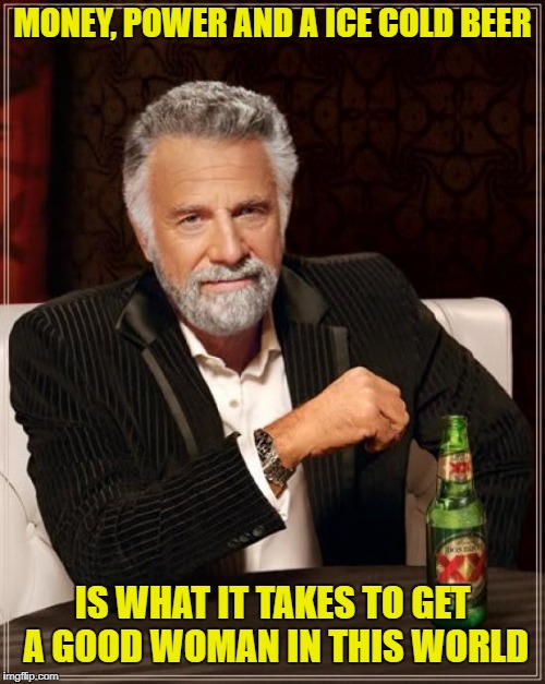 The Most Interesting Man In The World Meme | MONEY, POWER AND A ICE COLD BEER; IS WHAT IT TAKES TO GET A GOOD WOMAN IN THIS WORLD | image tagged in memes,the most interesting man in the world | made w/ Imgflip meme maker
