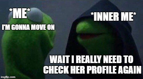 kermit me to me | *ME*; *INNER ME*; I'M GONNA MOVE ON; WAIT I REALLY NEED TO CHECK HER PROFILE AGAIN | image tagged in kermit me to me | made w/ Imgflip meme maker