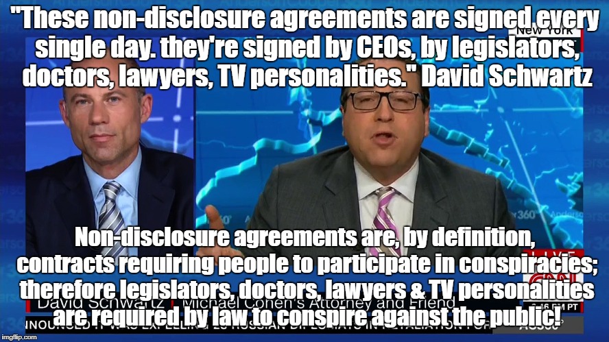 Non-disclosure agreements are Conspiracies | "These non-disclosure agreements are signed every single day. they're signed by CEOs, by legislators, doctors, lawyers, TV personalities." David Schwartz; Non-disclosure agreements are, by definition, contracts requiring people to participate in conspiracies; therefore legislators, doctors, lawyers & TV personalities are required by law to conspire against the public! | image tagged in nondisclosure agreements,conspiracy,censorship,politics | made w/ Imgflip meme maker