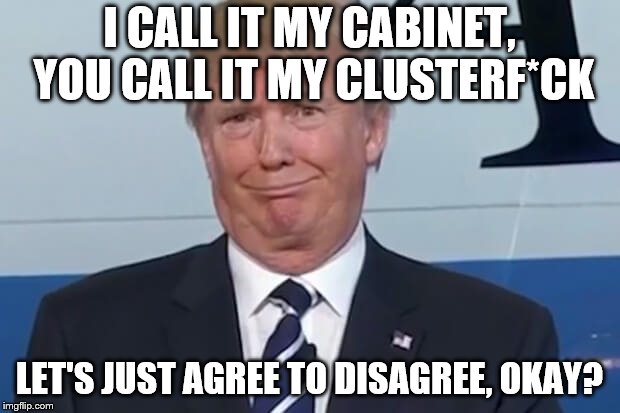 Get hired by King Chaos, next stop the unemployment office. |  I CALL IT MY CABINET, YOU CALL IT MY CLUSTERF*CK; LET'S JUST AGREE TO DISAGREE, OKAY? | image tagged in donald trump,memes,donald trump you're fired,donald trump is an idiot | made w/ Imgflip meme maker