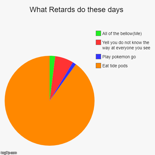 What Retards do these days | Eat tide pods, Play pokemon go, Yell you do not know the way at everyone you see, All of the bellow(Me) | image tagged in funny,pie charts | made w/ Imgflip chart maker