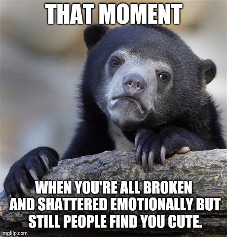 Confession Bear Meme | THAT MOMENT; WHEN YOU'RE ALL BROKEN AND SHATTERED EMOTIONALLY BUT STILL PEOPLE FIND YOU CUTE. | image tagged in memes,confession bear | made w/ Imgflip meme maker