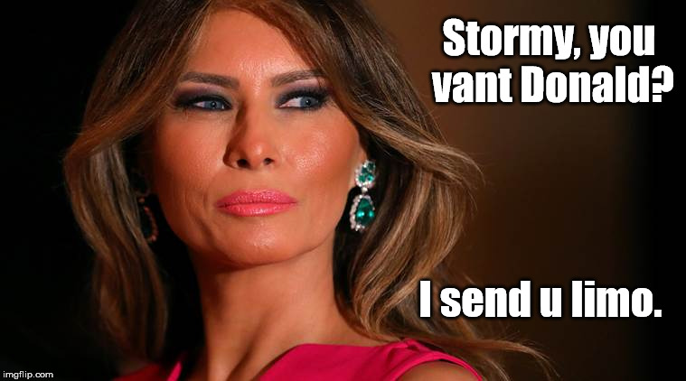 Melania and Stormy | Stormy, you vant Donald? I send u limo. | image tagged in donald trump memes,melania trump meme,stormy daniels | made w/ Imgflip meme maker