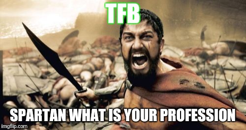 Sparta Leonidas | TFB; SPARTAN WHAT IS YOUR PROFESSION | image tagged in memes,sparta leonidas | made w/ Imgflip meme maker