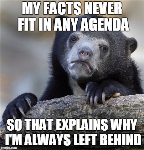 Confession Bear Meme | MY FACTS NEVER FIT IN ANY AGENDA SO THAT EXPLAINS WHY I'M ALWAYS LEFT BEHIND | image tagged in memes,confession bear | made w/ Imgflip meme maker