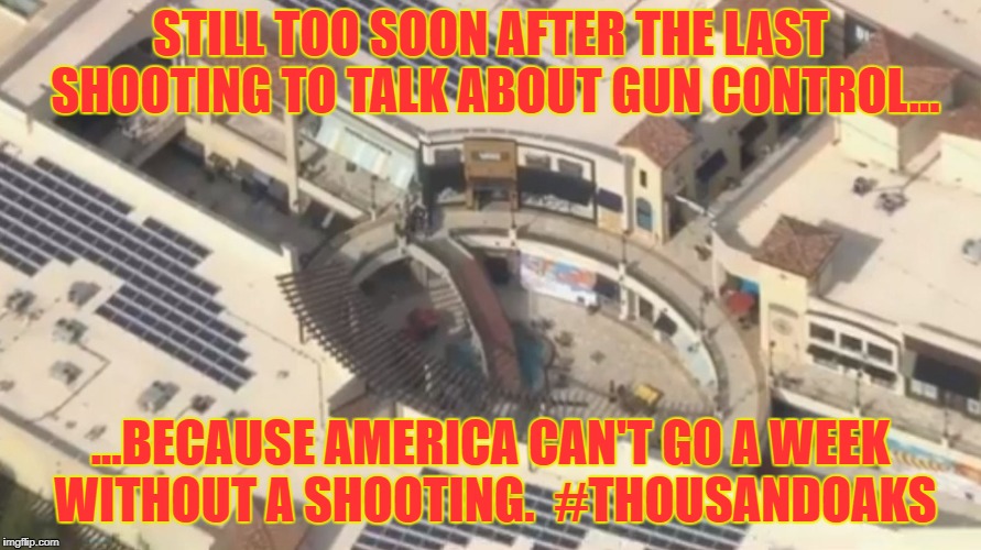 Every Other Nation With Gun Control is Without Mass Murder. | STILL TOO SOON AFTER THE LAST SHOOTING TO TALK ABOUT GUN CONTROL... ...BECAUSE AMERICA CAN'T GO A WEEK WITHOUT A SHOOTING.  #THOUSANDOAKS | image tagged in guns,gun control,mass shooting,fuck the nra | made w/ Imgflip meme maker