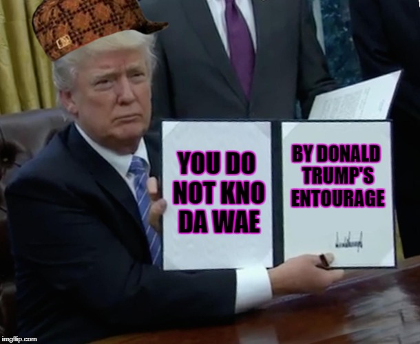 Trump Bill Signing Meme | YOU DO NOT KNO DA WAE; BY DONALD TRUMP'S ENTOURAGE | image tagged in memes,trump bill signing,scumbag | made w/ Imgflip meme maker