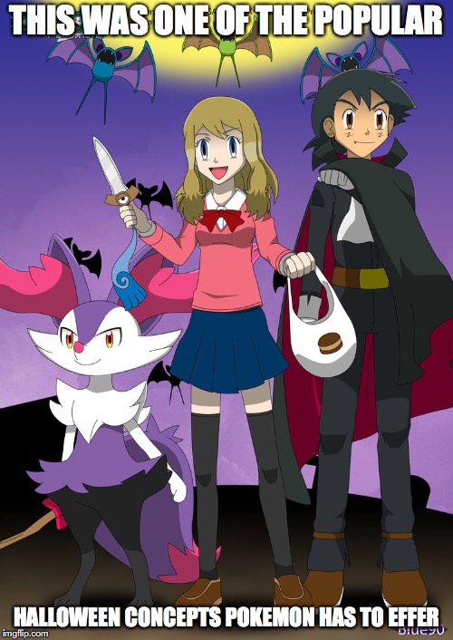 Amourshipping Halloween | THIS WAS ONE OF THE POPULAR; HALLOWEEN CONCEPTS POKEMON HAS TO EFFER | image tagged in amourshipping,halloween,ash ketchum,serena,memes,pokemon | made w/ Imgflip meme maker