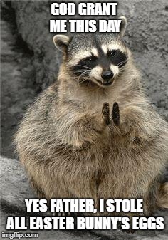 racoon | GOD GRANT ME THIS DAY; YES FATHER, I STOLE ALL EASTER BUNNY'S EGGS | image tagged in racoon | made w/ Imgflip meme maker