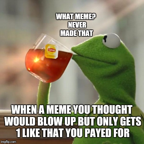 But That's None Of My Business | WHAT MEME? 
NEVER MADE THAT; WHEN A MEME YOU THOUGHT WOULD BLOW UP BUT ONLY GETS 1 LIKE THAT YOU PAYED FOR | image tagged in memes,but thats none of my business,kermit the frog | made w/ Imgflip meme maker