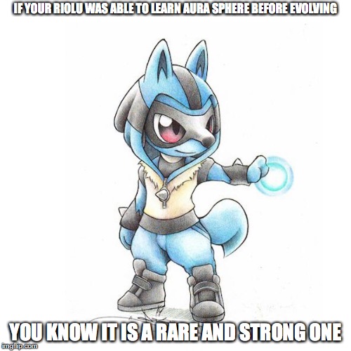 Riolu With Onesie | IF YOUR RIOLU WAS ABLE TO LEARN AURA SPHERE BEFORE EVOLVING; YOU KNOW IT IS A RARE AND STRONG ONE | image tagged in riolu,lucario,pokemon,onesie,memes | made w/ Imgflip meme maker