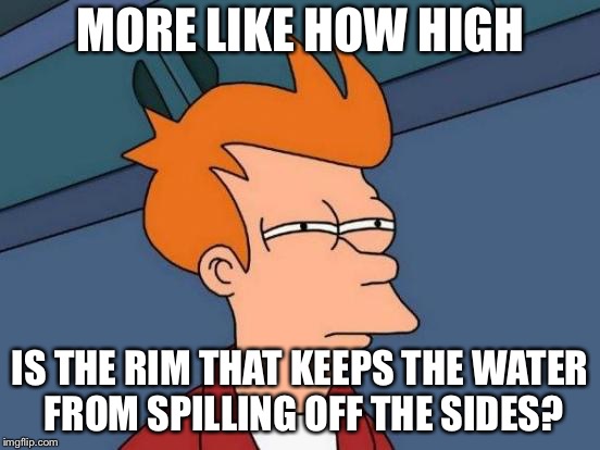 Futurama Fry Meme | MORE LIKE HOW HIGH IS THE RIM THAT KEEPS THE WATER FROM SPILLING OFF THE SIDES? | image tagged in memes,futurama fry | made w/ Imgflip meme maker