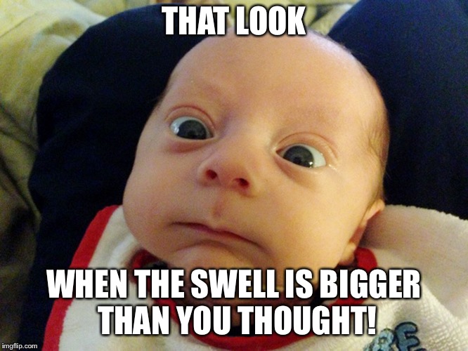 Big swell... | THAT LOOK; WHEN THE SWELL IS BIGGER THAN YOU THOUGHT! | image tagged in surfing,waves,surfer,swell,surprise | made w/ Imgflip meme maker
