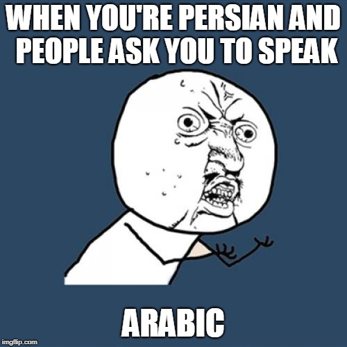 Y U No Meme | WHEN YOU'RE PERSIAN AND PEOPLE ASK YOU TO SPEAK; ARABIC | image tagged in memes,y u no | made w/ Imgflip meme maker