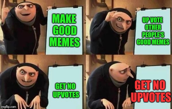 My ImgFlip experience in a nutshell | MAKE GOOD MEMES; UP VOTE OTHER PEOPLE'S GOOD MEMES; GET NO UPVOTES; GET NO UPVOTES | image tagged in gru's plan,meanwhile on imgflip | made w/ Imgflip meme maker