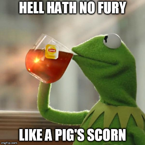 But That's None Of My Business | HELL HATH NO FURY; LIKE A PIG'S SCORN | image tagged in memes,but thats none of my business,kermit the frog | made w/ Imgflip meme maker