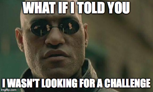 Matrix Morpheus Meme | WHAT IF I TOLD YOU; I WASN'T LOOKING FOR A CHALLENGE | image tagged in memes,matrix morpheus | made w/ Imgflip meme maker