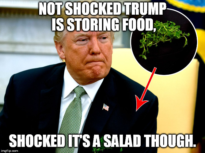Trunp's Salad Days | NOT SHOCKED TRUMP IS STORING FOOD, SHOCKED IT'S A SALAD THOUGH. | image tagged in trump,trump is a moron,donald trump is an idiot | made w/ Imgflip meme maker