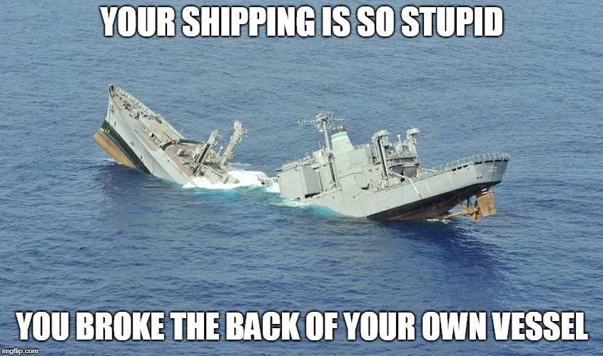 When a gamer tries to ship stuff with me.... | YOUR SHIPPING IS SO STUPID; YOU BROKE THE BACK OF YOUR OWN VESSEL | image tagged in memes,funny,shipping,relationships | made w/ Imgflip meme maker