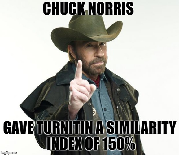 Chuck Norris Finger Meme | CHUCK NORRIS; GAVE TURNITIN A SIMILARITY INDEX OF 150% | image tagged in memes,chuck norris finger,chuck norris | made w/ Imgflip meme maker