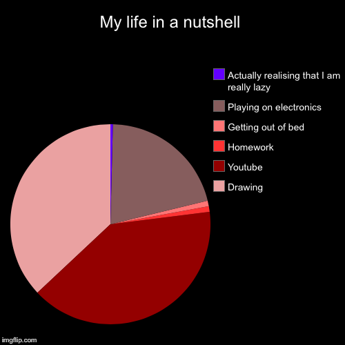 My life in a nutshell | Drawing, Youtube, Homework, Getting out of bed, Playing on electronics, Actually realising that I am really lazy | image tagged in funny,pie charts | made w/ Imgflip chart maker