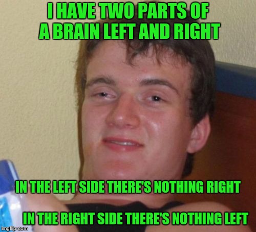10 Guy Meme | I HAVE TWO PARTS OF A BRAIN LEFT AND RIGHT; IN THE LEFT SIDE THERE'S NOTHING RIGHT            
                          IN THE RIGHT SIDE THERE'S NOTHING LEFT | image tagged in memes,10 guy | made w/ Imgflip meme maker