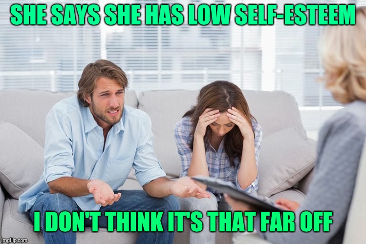 couples therapy | SHE SAYS SHE HAS LOW SELF-ESTEEM; I DON'T THINK IT'S THAT FAR OFF | image tagged in couples therapy,dating,self esteem | made w/ Imgflip meme maker