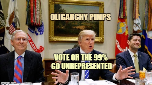 Pimps of Oligarchy | OLIGARCHY PIMPS; VOTE OR THE 99% GO UNREPRESENTED | image tagged in trump,ryan,mcconnell | made w/ Imgflip meme maker