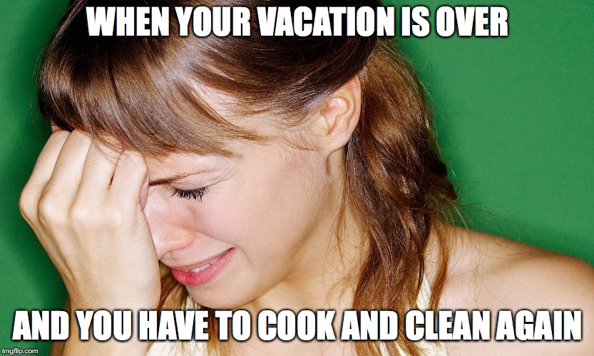 crying woman | WHEN YOUR VACATION IS OVER; AND YOU HAVE TO COOK AND CLEAN AGAIN | image tagged in crying woman | made w/ Imgflip meme maker