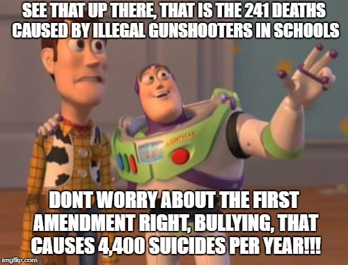 X, X Everywhere Meme | SEE THAT UP THERE, THAT IS THE 241 DEATHS CAUSED BY ILLEGAL GUNSHOOTERS IN SCHOOLS; DONT WORRY ABOUT THE FIRST AMENDMENT RIGHT, BULLYING, THAT CAUSES 4,400 SUICIDES PER YEAR!!! | image tagged in memes,x x everywhere | made w/ Imgflip meme maker