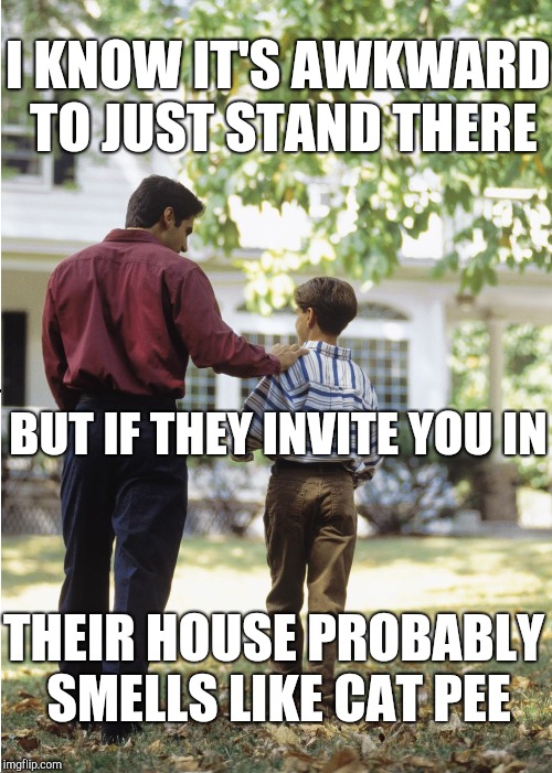 I KNOW IT'S AWKWARD TO JUST STAND THERE BUT IF THEY INVITE YOU IN THEIR HOUSE PROBABLY SMELLS LIKE CAT PEE | made w/ Imgflip meme maker