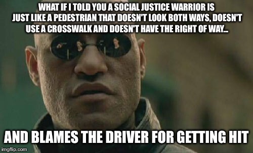 Matrix Morpheus Meme | WHAT IF I TOLD YOU A SOCIAL JUSTICE WARRIOR IS JUST LIKE A PEDESTRIAN THAT DOESN'T LOOK BOTH WAYS, DOESN'T USE A CROSSWALK AND DOESN'T HAVE THE RIGHT OF WAY... AND BLAMES THE DRIVER FOR GETTING HIT | image tagged in memes,matrix morpheus | made w/ Imgflip meme maker