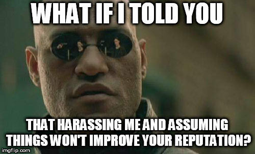 Matrix Morpheus Meme | WHAT IF I TOLD YOU THAT HARASSING ME AND ASSUMING THINGS WON'T IMPROVE YOUR REPUTATION? | image tagged in memes,matrix morpheus | made w/ Imgflip meme maker