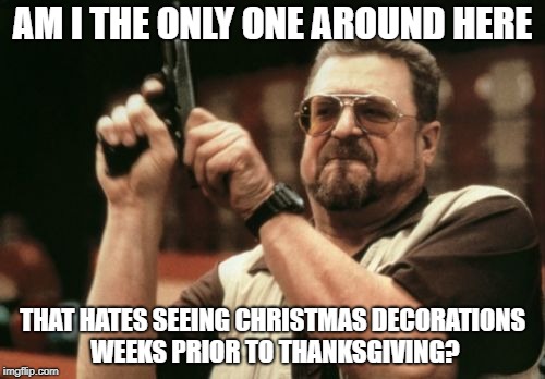 Am I The Only One Around Here? | AM I THE ONLY ONE AROUND HERE; THAT HATES SEEING CHRISTMAS DECORATIONS WEEKS PRIOR TO THANKSGIVING? | image tagged in memes,am i the only one around here,doctordoomsday180,christmas decorations,thanksgiving,stupid | made w/ Imgflip meme maker