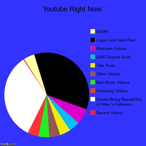 Youtube Right Now | Youtube Right Now | Decent Videos, Pewds Being Racist/One of Hitler's Followers, Unboxing Videos, Bad Music Videos, Other Viners, Tide Pods, | image tagged in funny,pie charts,youtube,hilarious | made w/ Imgflip chart maker