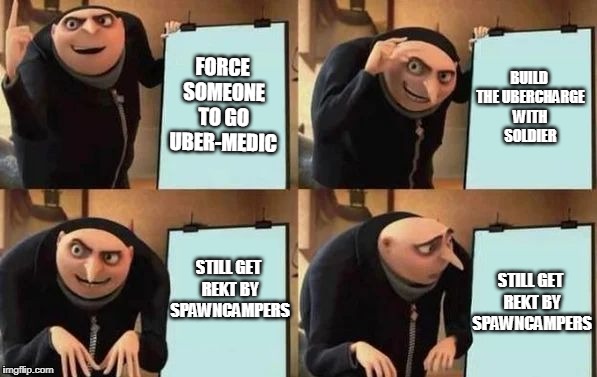 Gru's Plan | FORCE SOMEONE TO GO UBER-MEDIC; BUILD THE UBERCHARGE WITH SOLDIER; STILL GET REKT BY SPAWNCAMPERS; STILL GET REKT BY SPAWNCAMPERS | image tagged in gru's plan | made w/ Imgflip meme maker