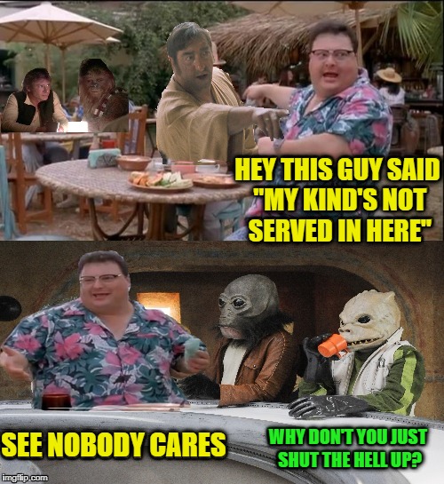 Nobody Cares | HEY THIS GUY SAID "MY KIND'S NOT SERVED IN HERE"; WHY DON'T YOU JUST SHUT THE HELL UP? SEE NOBODY CARES | image tagged in funny memes,see nobody cares,starwars,cantina bar,bad photoshop sunday | made w/ Imgflip meme maker