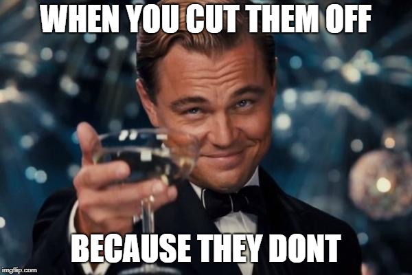 Leonardo Dicaprio Cheers Meme | WHEN YOU CUT THEM OFF BECAUSE THEY DONT | image tagged in memes,leonardo dicaprio cheers | made w/ Imgflip meme maker
