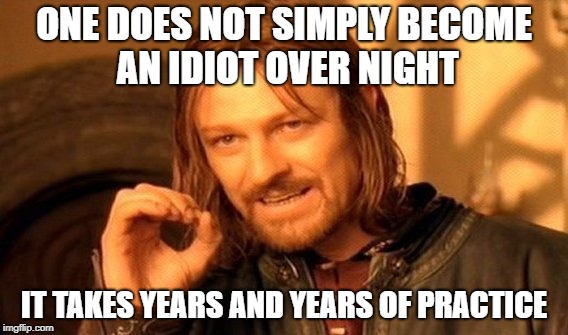 One Does Not Simply Meme | ONE DOES NOT SIMPLY BECOME AN IDIOT OVER NIGHT IT TAKES YEARS AND YEARS OF PRACTICE | image tagged in memes,one does not simply | made w/ Imgflip meme maker
