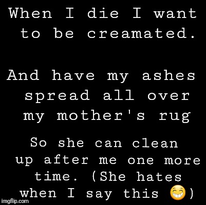 Blank | When I die I want to be creamated. And have my ashes spread all over my mother's rug; So she can clean up after me one more time. (She hates when I say this 😁) | image tagged in blank | made w/ Imgflip meme maker