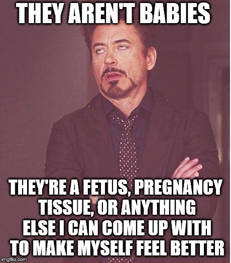 Face You Make Robert Downey Jr Meme | THEY AREN'T BABIES THEY'RE A FETUS, PREGNANCY TISSUE, OR ANYTHING ELSE I CAN COME UP WITH TO MAKE MYSELF FEEL BETTER | image tagged in memes,face you make robert downey jr | made w/ Imgflip meme maker