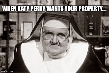 Frowning Nun | WHEN KATY PERRY WANTS YOUR PROPERTY.... | image tagged in memes,frowning nun | made w/ Imgflip meme maker