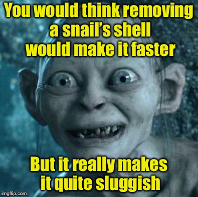 Slow pun | You would think removing a snail’s shell would make it faster; But it really makes it quite sluggish | image tagged in memes,gollum,snail,slug | made w/ Imgflip meme maker