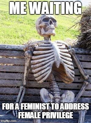 Waiting Skeleton Meme | ME WAITING; FOR A FEMINIST TO ADDRESS FEMALE PRIVILEGE | image tagged in memes,waiting skeleton | made w/ Imgflip meme maker
